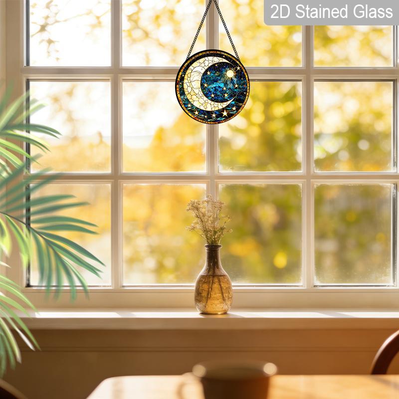 2D Flat Stained Glass Moon and Stars Window Decoration, 7.87inches Deep Blue Starry Sky Design Colored Glass Plate, Charming Home Bedroom Sun Catcher
