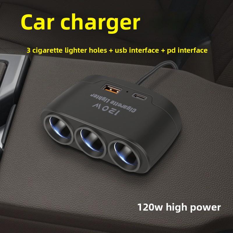 Multifunctional Car Charger, Car Charger, Cigarette Lighter, One To Three with USB + PD Fast Charging Interface 12V24V Universal