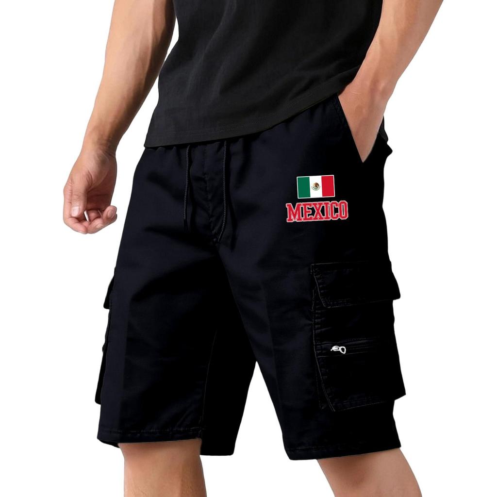 Men's Lightweight Breathable Casual Sports Shorts with National Flag Print Elastic Waistband and Multiple Pockets for Outdoor Activities