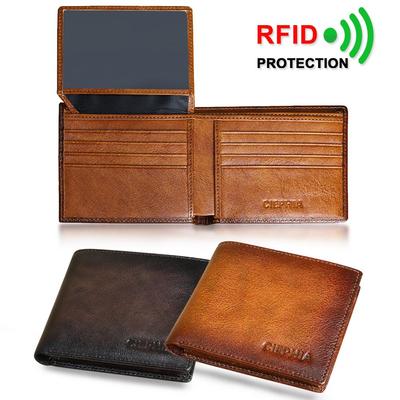 RFID Blocking Genuine Leather Wallets for Men, Large Capacity Top Layer Cowhide Bifold Vintage Wallet with 2 ID Window Gifts for Him