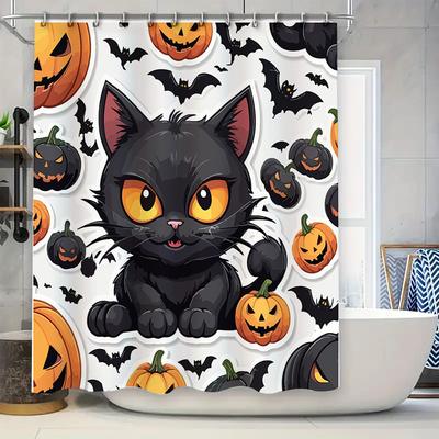 Halloween Decor Shower Curtain Set with Black Cat Pumpkin Bats Print Waterproof Fabric Bathroom Liner for Kids Gifts
