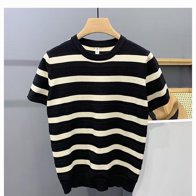 

Весна и лето 2024 года, мужской корейский полосатый вязаный кардиган с круглым вырезом 3XL