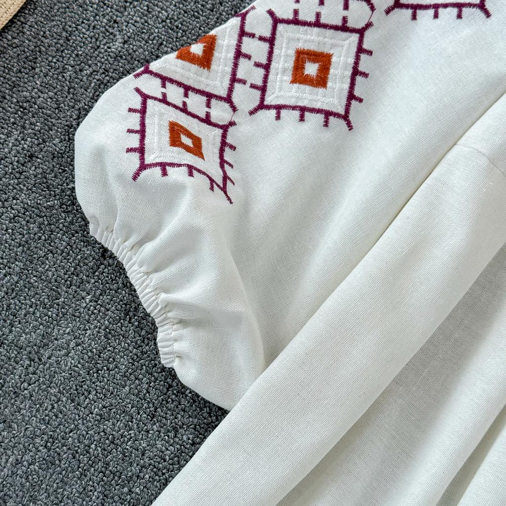 Bohemian Dress Women 2024 O Neck Ethnic Style Embroidery A-line Vestidos Retro French Chic Folds Dresses Summer Dropshipping