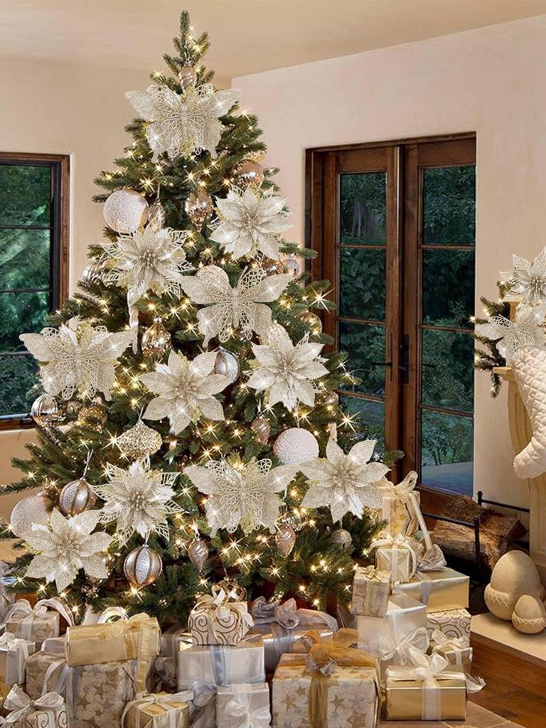 Champagne Gold Butterfly Poinsettia Glitter Flowers, 12-Piece Christmas Tree & Wreath Decoration Set