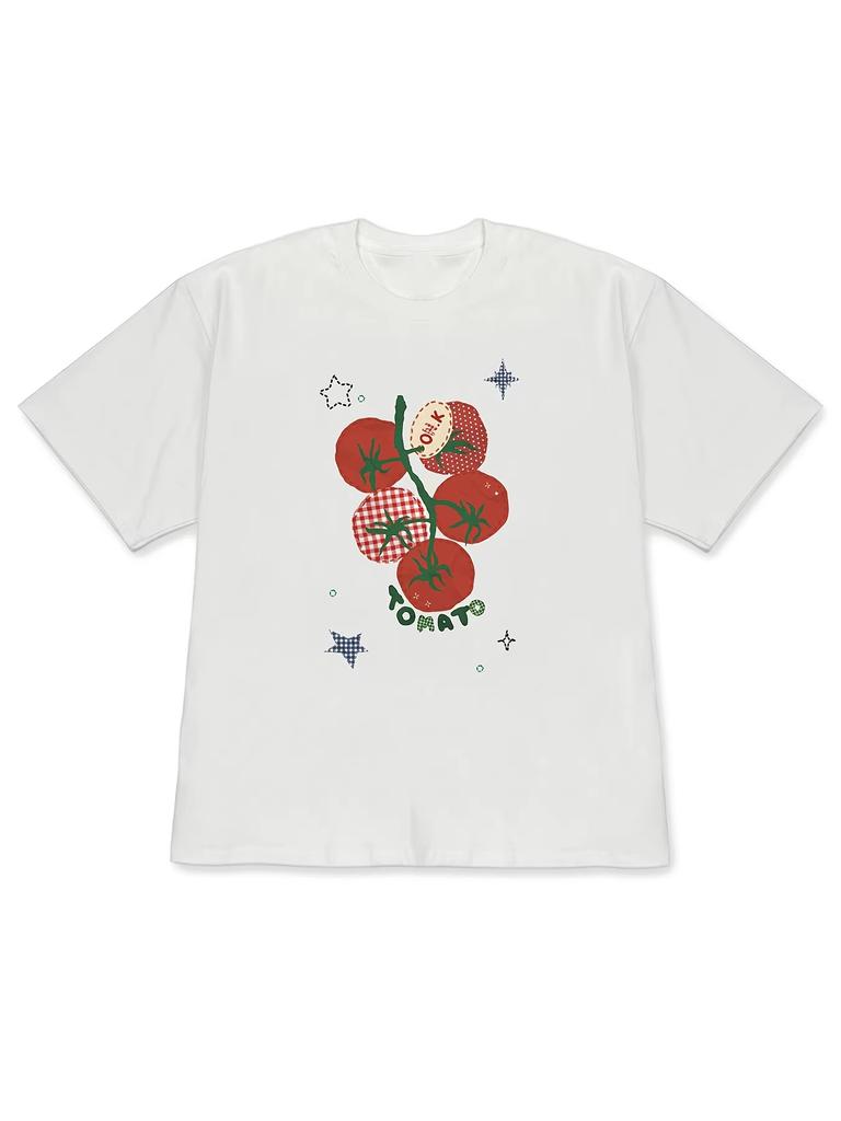 2026 Summer Bestseller Unisexs Drop Shoulder Retro Plaid Tomato Fun Printed Shortsleeve Tshirt Aesthetic Clothes