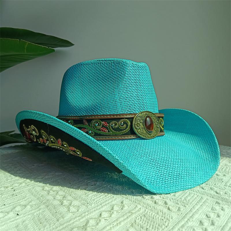 Western Cowboy Straw Hat Embroidery Applique 2025 Cowboy Hat Men and Women Sun Hat Summer Brim Hat Sombrero