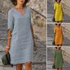 Summer Lady Dress V Neck Three Quarter Sleeves Loose Solid Color Knee Length Simple Style Daily Wear Commute Midi Dress