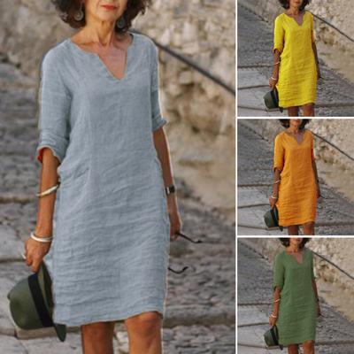 Summer Lady Dress V Neck Three Quarter Sleeves Loose Solid Color Knee Length Simple Style Daily Wear Commute Midi Dress