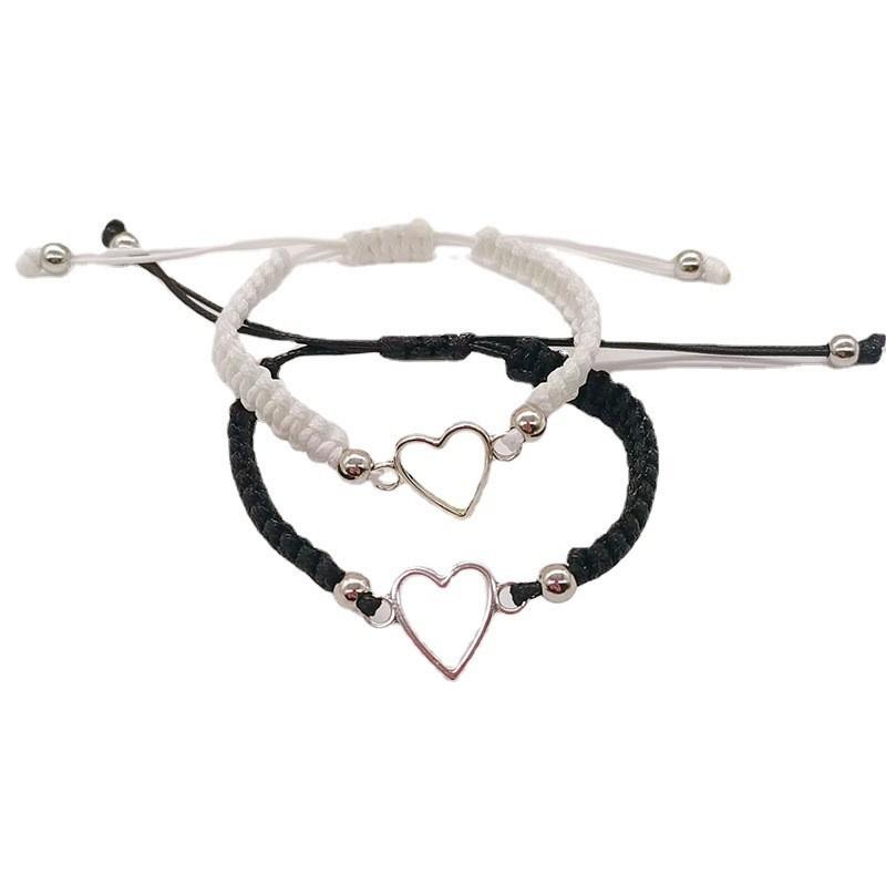 Creative Couple Black And White Bracelet With Hollow Love Heart Design Adjustable Alloy Bracelet