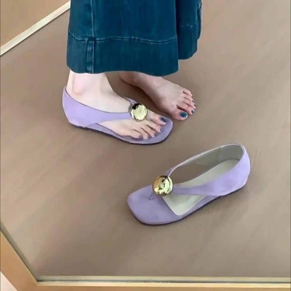 Fashion Inside Heightened Fashion Metal Round Buckle Clip-toe Sandals Women's Summer New Soft-soled Herringbone Sandals and Slippers