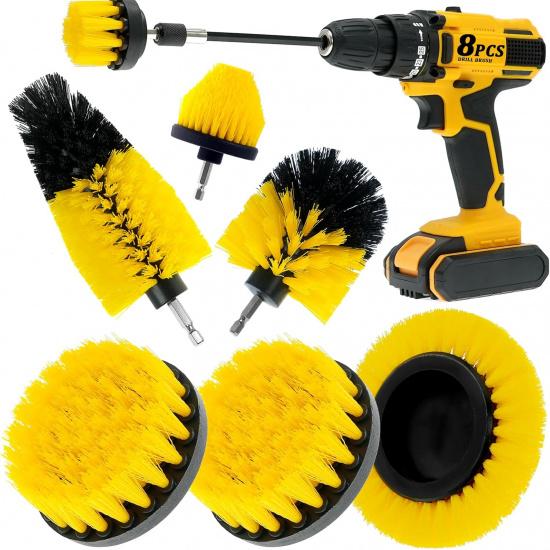 8 Pcs Drill Brush Attachment Set, Power Cleaning Scrub Brush Kit With Extend Long Attachment, All Purpose Drill Scrub Brushes For Car, Grout, Floor,