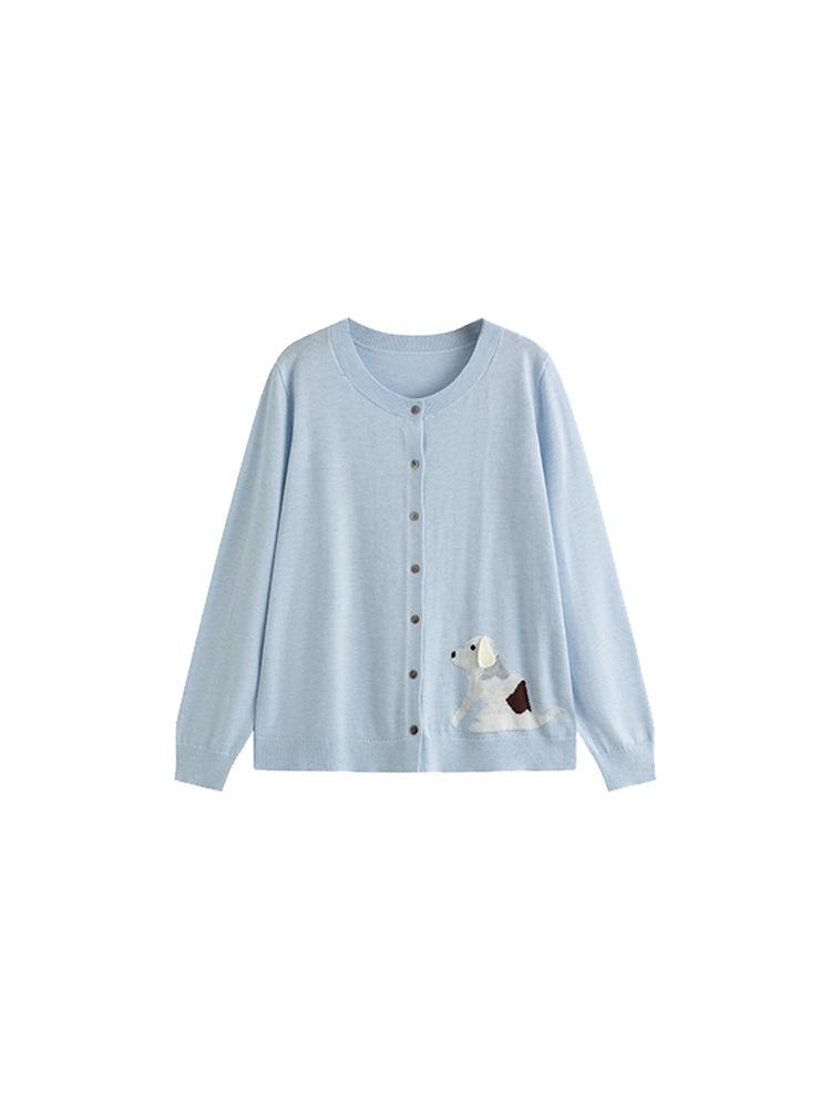 Plus Size Women's Round Neck Jacquard Cardigan - 2026 Spring Style Puppy Design