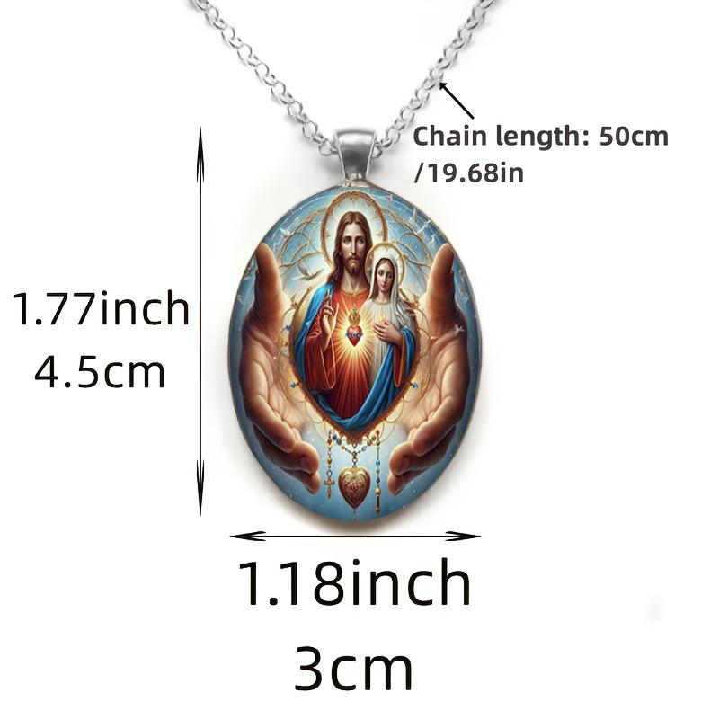 Jesus And Virgin Mary Christian Faith Peace Pendant Necklace, Featuring A Time Gem Glass Pendant, Suitable For Both Men And Women.