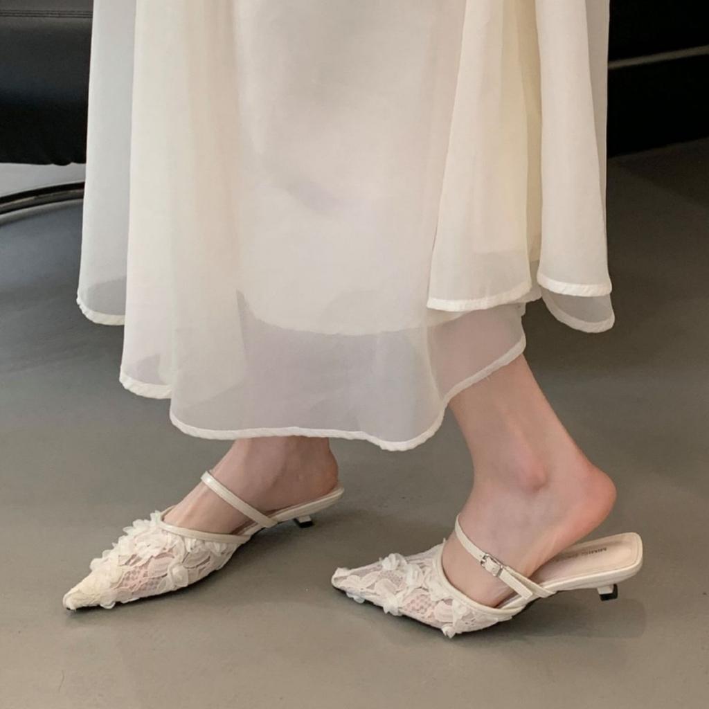 French Fairy Breathable Mesh Lace Bag Head Sandals Female Summer Kitten Heel Empty Single Shoes