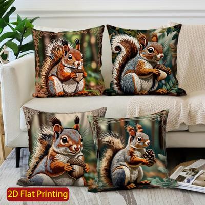 2D Cute Squirrels Holding Nuts Pillow Covers Pattern Cushion Cover Suitable For Sofa Bedroom Car Pillow Cover