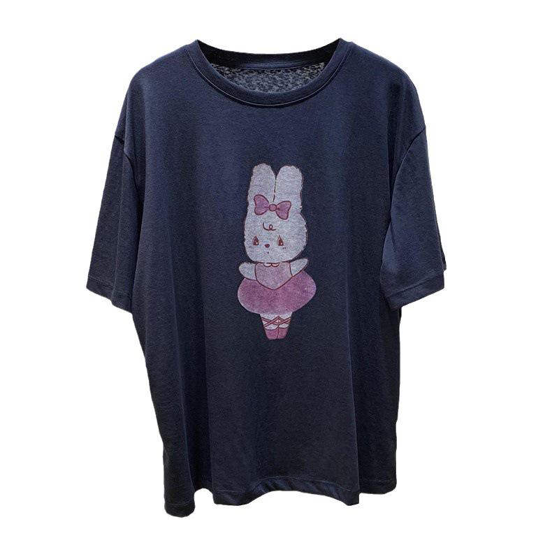 Camiseta de Algodão Feminina de Verão com Estampa de Coelho de Desenho Animado: Solto, Confortável, Manga Curta, Comprimento Médio