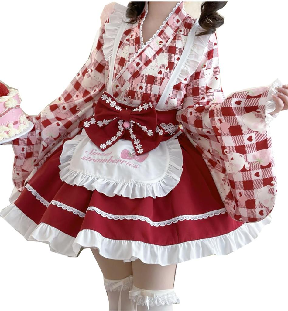 CAWILXHA Lolita Cosplay Princess Long Mori Dreamy Halloween Costume Red Dress, Costume, Red, Yellow, Purple, Sleeves, Sleeves, Girl, Cute, Apron,