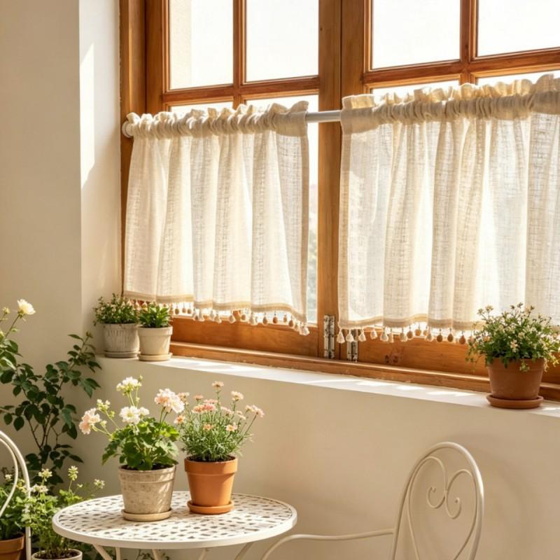 Japanese Retro Creamy Beige Cotton-Linen Look Sheer Curtain Panel Door Window Balcony Semi-Privacy Short Drape
