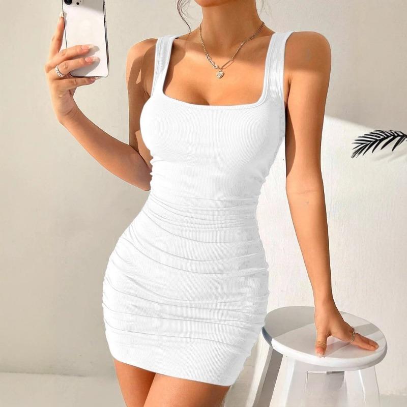 Summer Square Neck Bodycon Mini Short Dress Women Sleeveless Casual Party Dress for Women Clubwear Nightout Party Tank Dress Slim Fit Bodycon Dresses