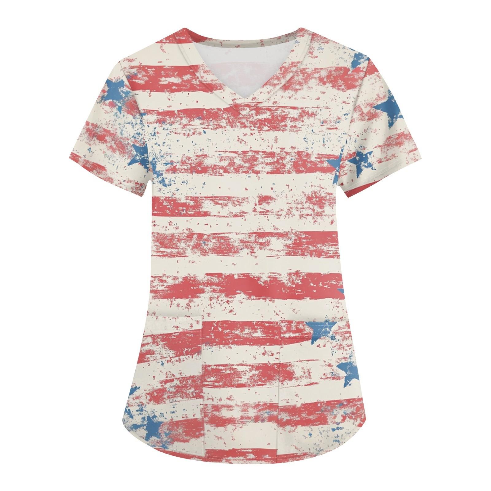 

Большие размеры, печатные рабочие униформы, топы для женщин, крестообразный V-образный вырез, День независимости, принт, короткий рукав, забавные футболки, рабочая одежда, футболка с карманами XXXXXL