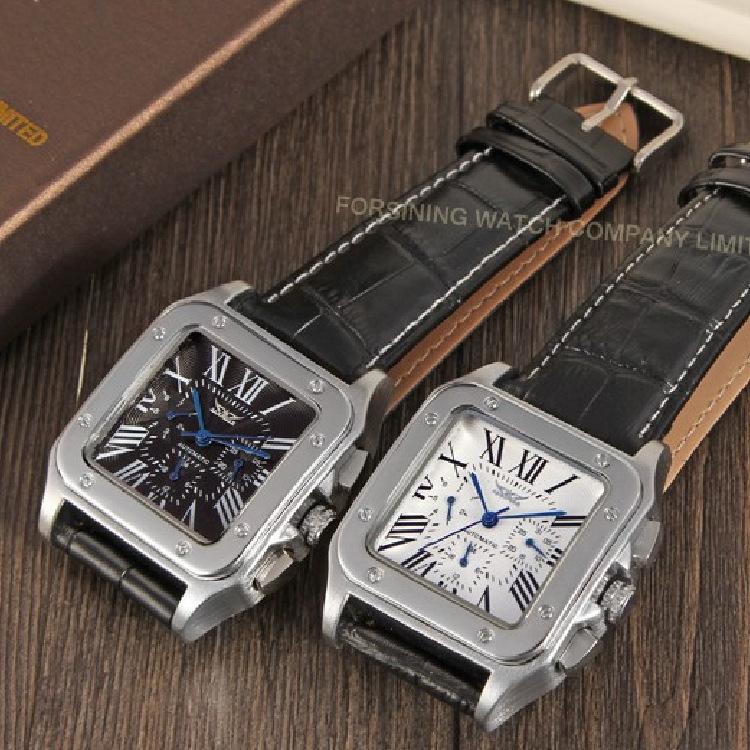 Moderne Jaragar Skelett Automatikuhr für Herren Stilvolles Quadratisches Zifferblatt Multifunktion Lässig & Business Chronograph Echtes Leder