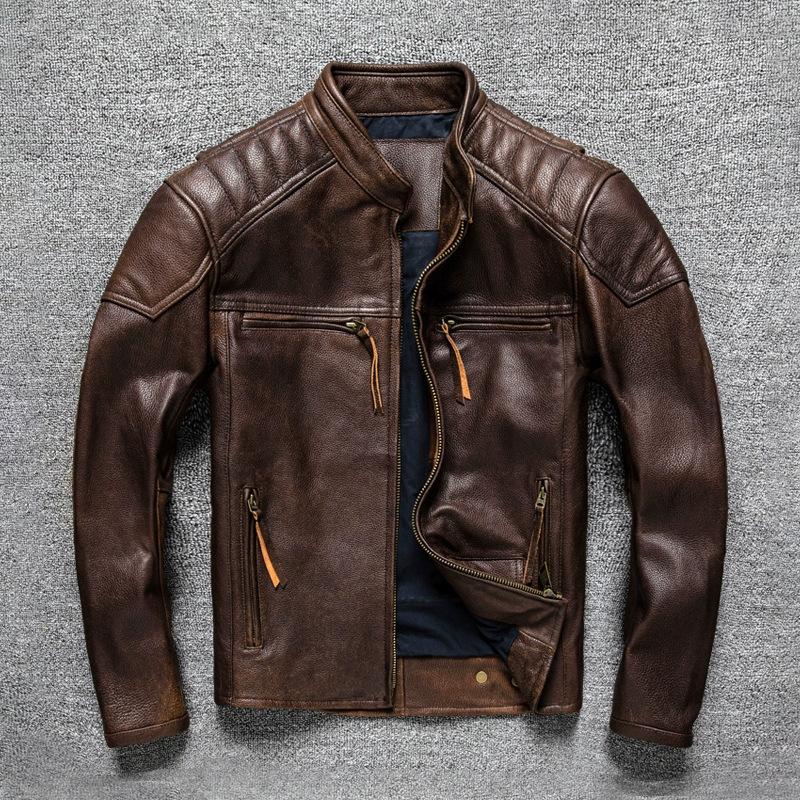 

Ретро Кожа из коровьей кожи высшего слоя Натуральная кожа Мужская кожаная куртка Мотоциклетная куртка 3XL