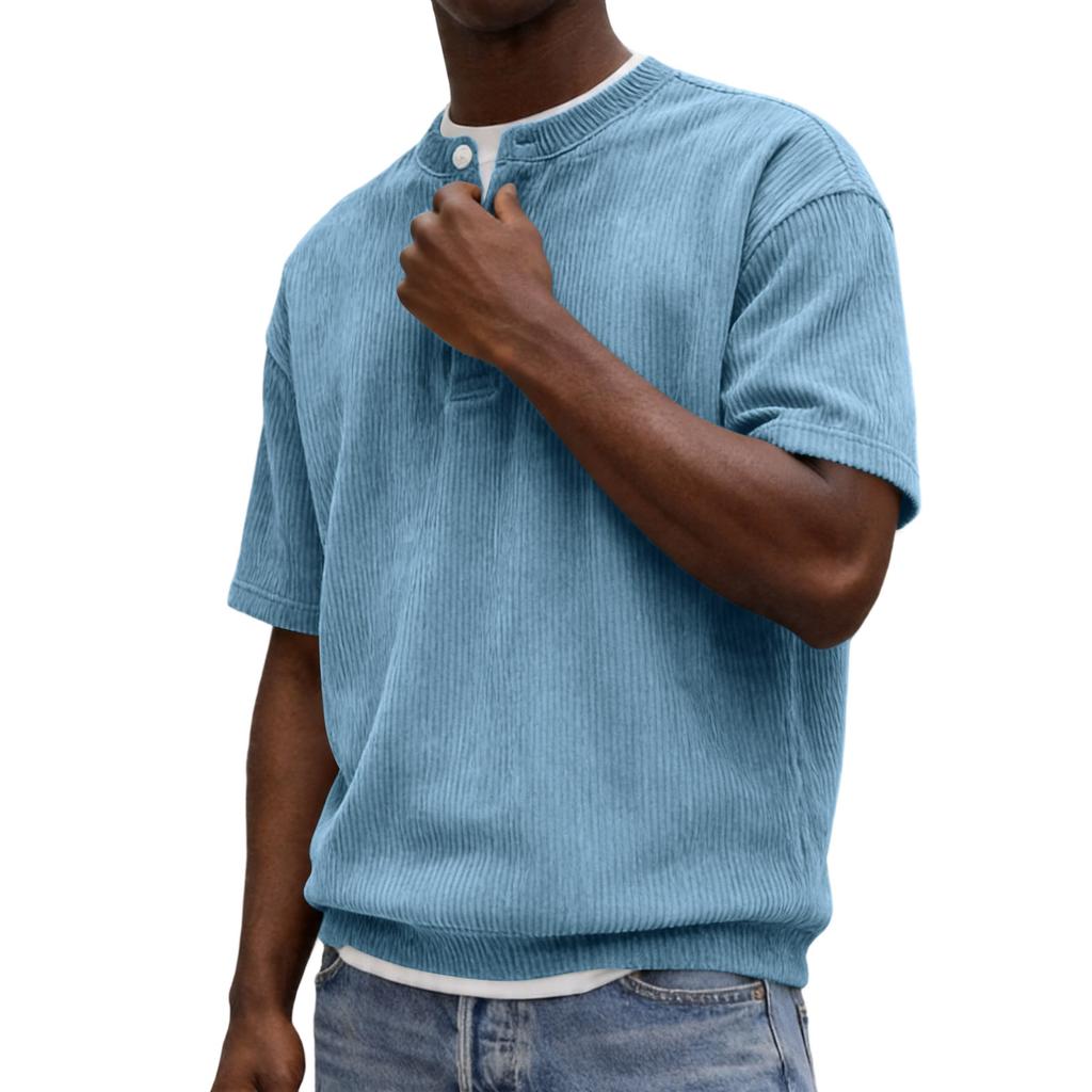 Men Henley Neck Short Sleeve Corduroy Shirt with Button Placket Relaxed Fit Casual Summer Top for Everyday Wear