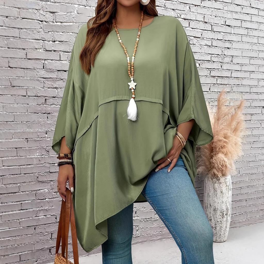 Plus Size Women Solid Color Round Neck Batwing Sleeve Loose Casual Chiffon Shirt