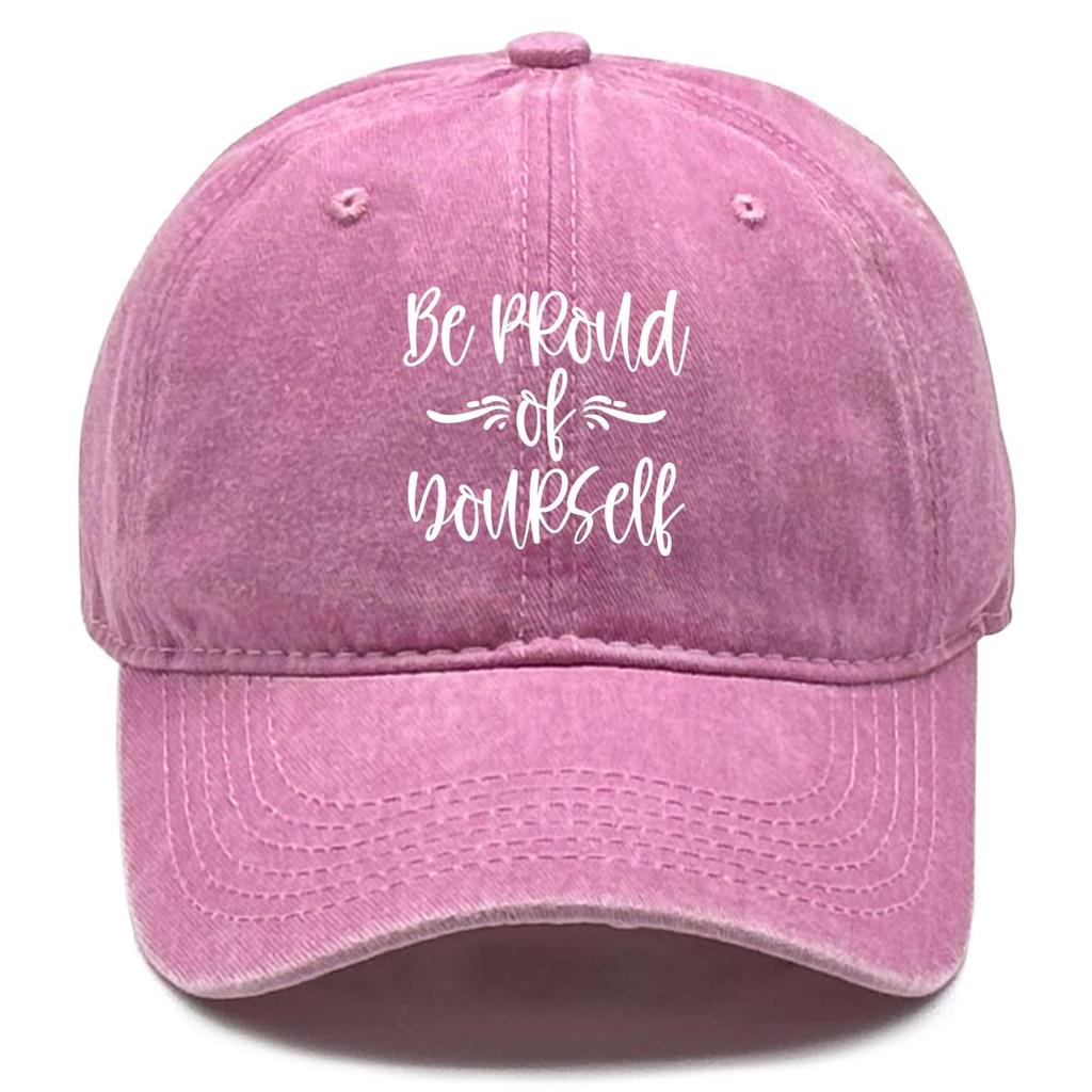 Be Proud of Yourself" Print Snapback Sun Hat, Trucker Hat Adjustable Buckle Headwear Raw Brim Non-Stretch Fabric Snapback Baseball Cap