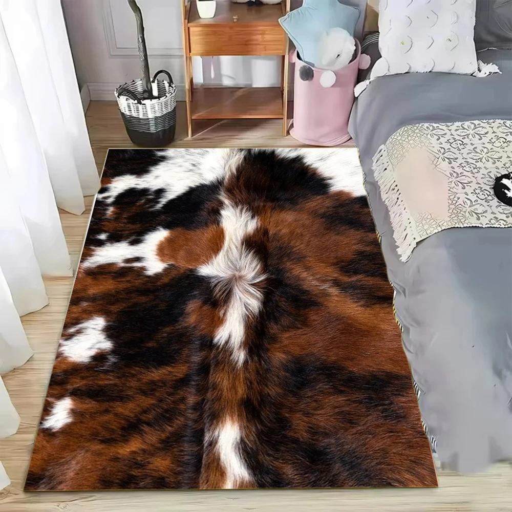 Faux Cowhide Pattern Area Rug Natural Texture Home Decor Living Room Bedroom Floor Carpet Retro Rustic Style Multiple Designs