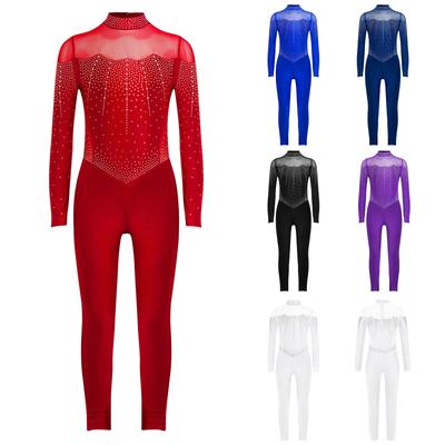 Collant de Patinação Artística Infantil para Meninas, Body de Performance para Dança, Corpo Inteiro com Strass e Patchwork de Renda para Competição