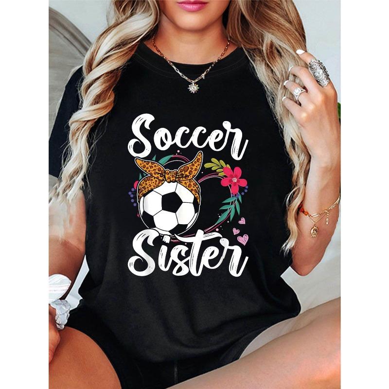 

European Size Bohemian Soccer Sister Graphic T-Shirt - Short Sleeve Round Neck Black Tee with Leopard-Print Bow & Soccer Ball/Floral Design 4XL