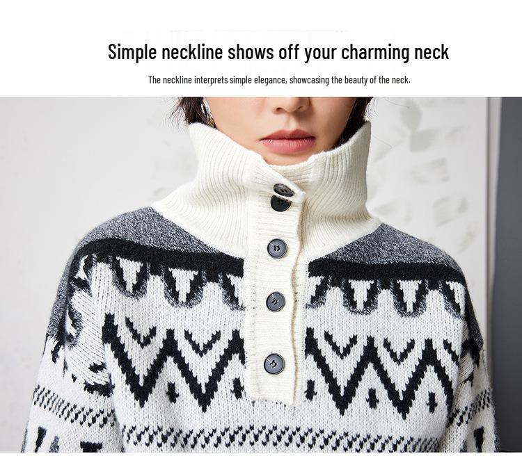 Women's Pure Wool Jacquard Knit Cardigan with Lapel - 2025 Autumn/Winter Elegant Thick Base Layer Sweater