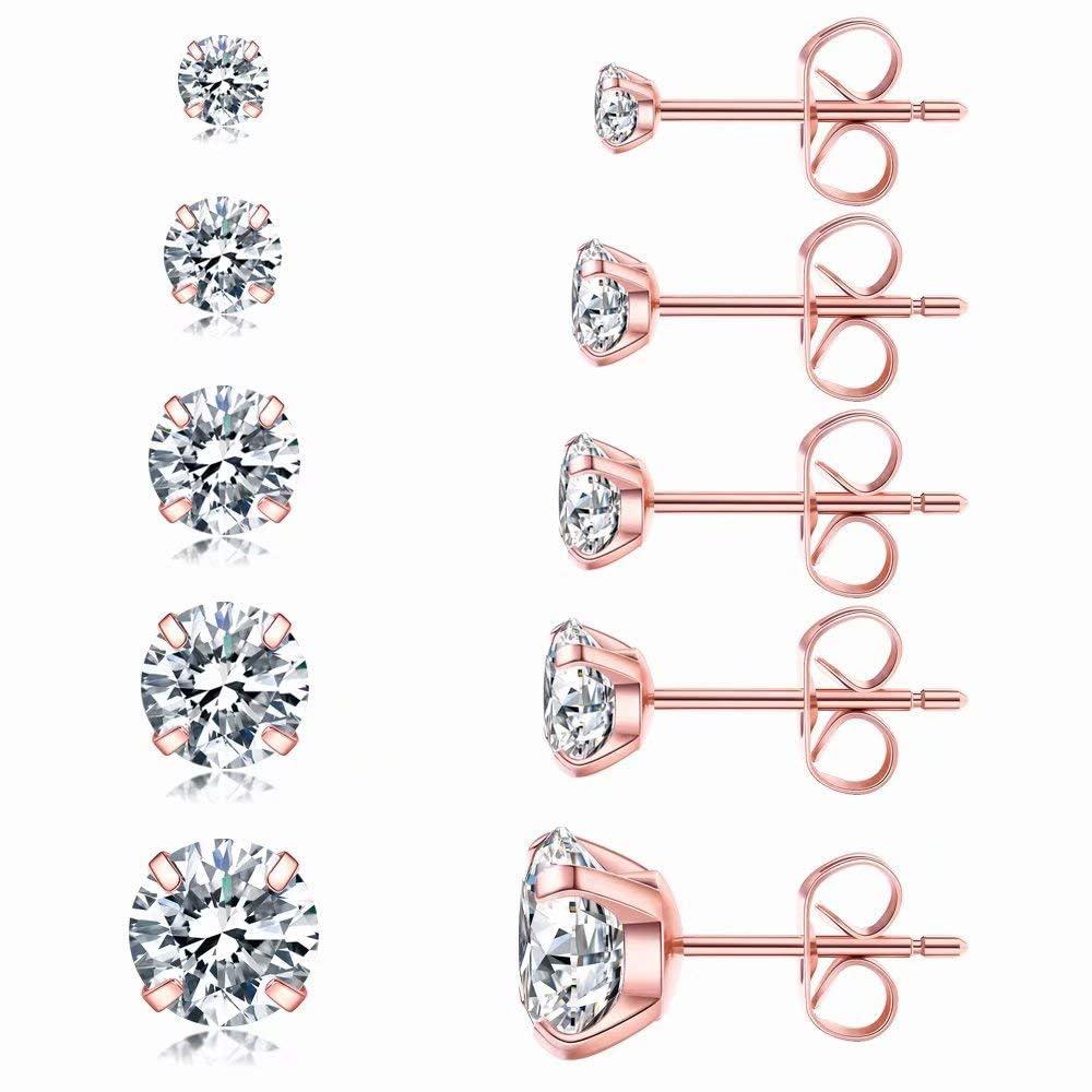 1 Pair Rose Gold Hypoallergenic 316L Stainless Steel White Cubic Zirconia CZ Stud Earrings Size 3-8mm