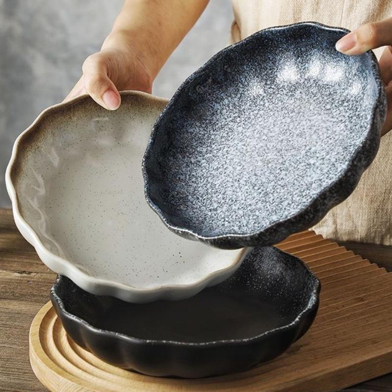 Prostota Czarny Okrągły Talerz Obiadowy do Sałatki Ceramiczna Taca na Deser Podszkliwna Naczynie do Zupy i Makaronu Antypoślizgowa Zastawa Stołowa Bezpieczna do Mikrofali