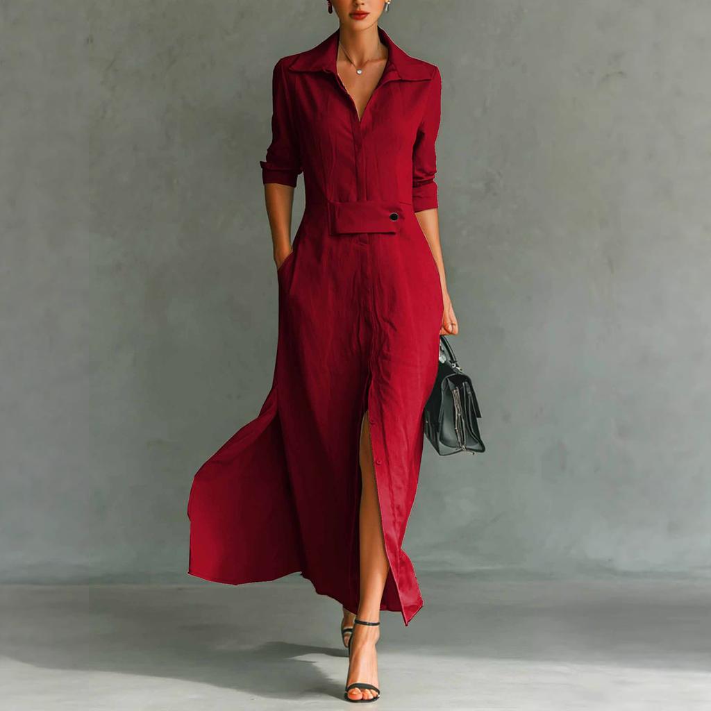 Women's Fashionable Color Lapel Long Sleeved Hem Slit Casual Shirt Dress