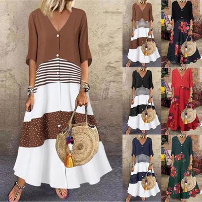 Rochie Maxi de Vară pentru Femei, Croială Largă, Decolteu în V, Mânecă Scurtă, Imprimeu în Dungă, Rochii Lungi cu Nasturi