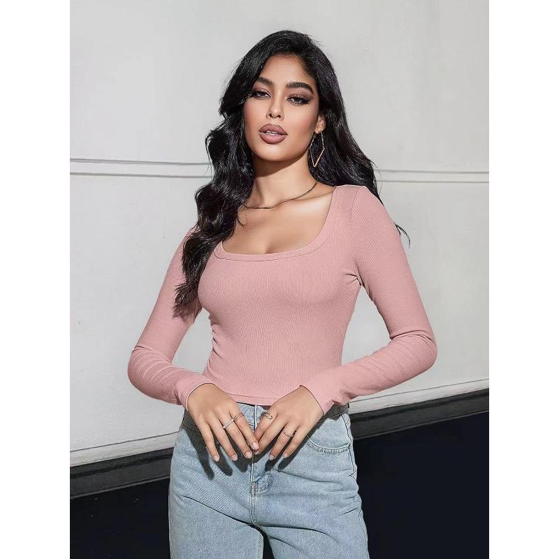 Women's Fashion Casual Spring Fall Solid Color Print Long Sleeve Square Collar Blouses & Shirts