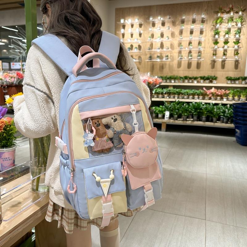 Large Capacity Student Schoolbag Women's Cat Pattern Backpack Color Contrast Backpack with Coin Purse