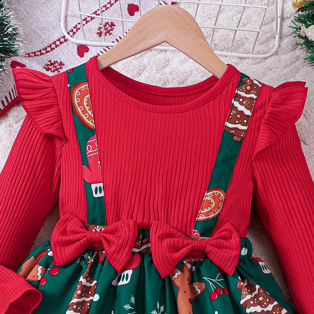 Girls Festive Style Dress Applique Detail Long Sleeve Christmas Party Dress Soft Polyester Blend Toddler Dresses Layering Outfit