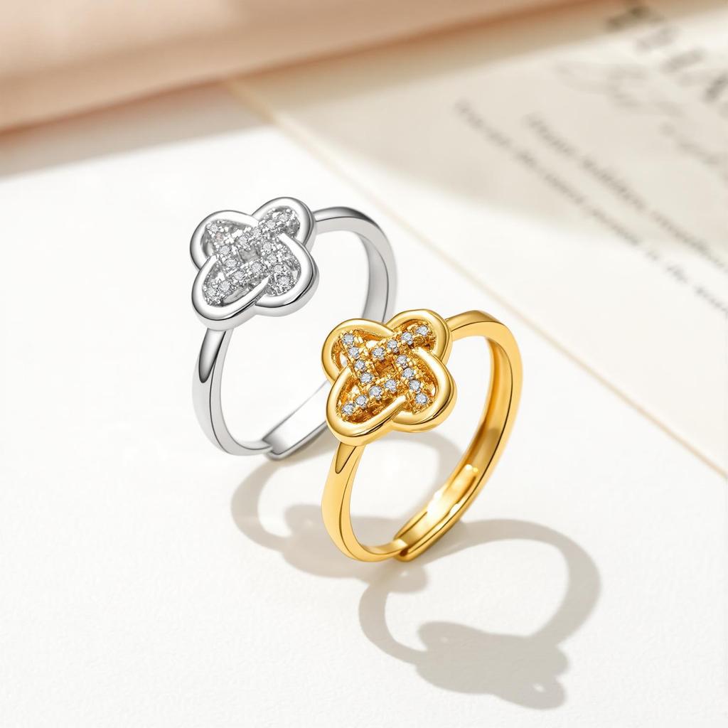 Women's Cross Clover Ring with Inlaid Diamond Zirconia - European & American Fashion Adjustable Open Index Finger Ring