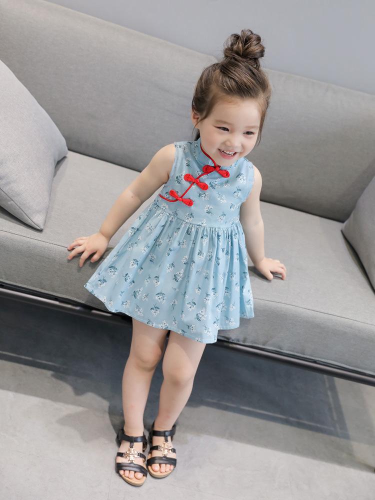 Kids Girls Chinese Style Cute Flower Print Dress Vintage Cheongsam Dresses Qipao Baby Clothes