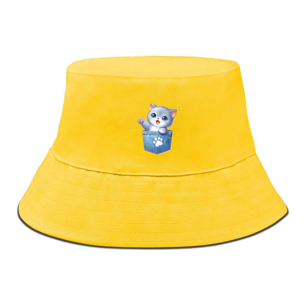 Bucket Hat With Cute Cat Print , Dog Claw Pocket Fisherman Cap Solid Color Wide Brim Unisex Basin Hat