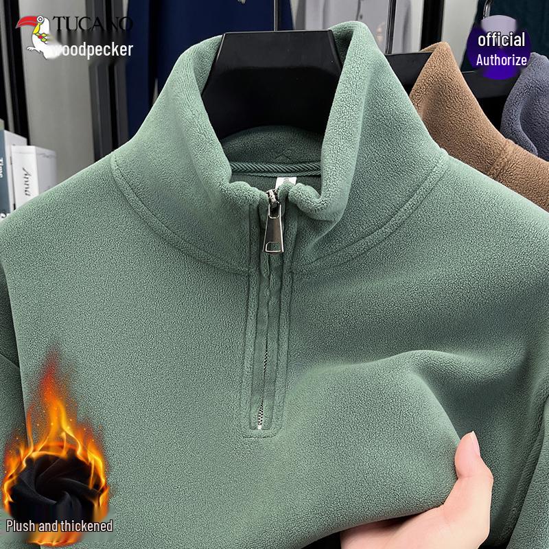 

Woodpecker Men s Thickened Coral Fleece Hoodie with Stand Collar & Half-Zip 3XL (170–190 jin)