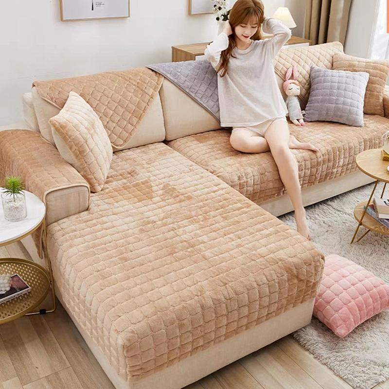 Warm Plush Sofa Cover Winter Thickened Universal Non-Slip Living Room Sofa Cushion Solid Color Velvet Sofa Backrest Armrest Towe