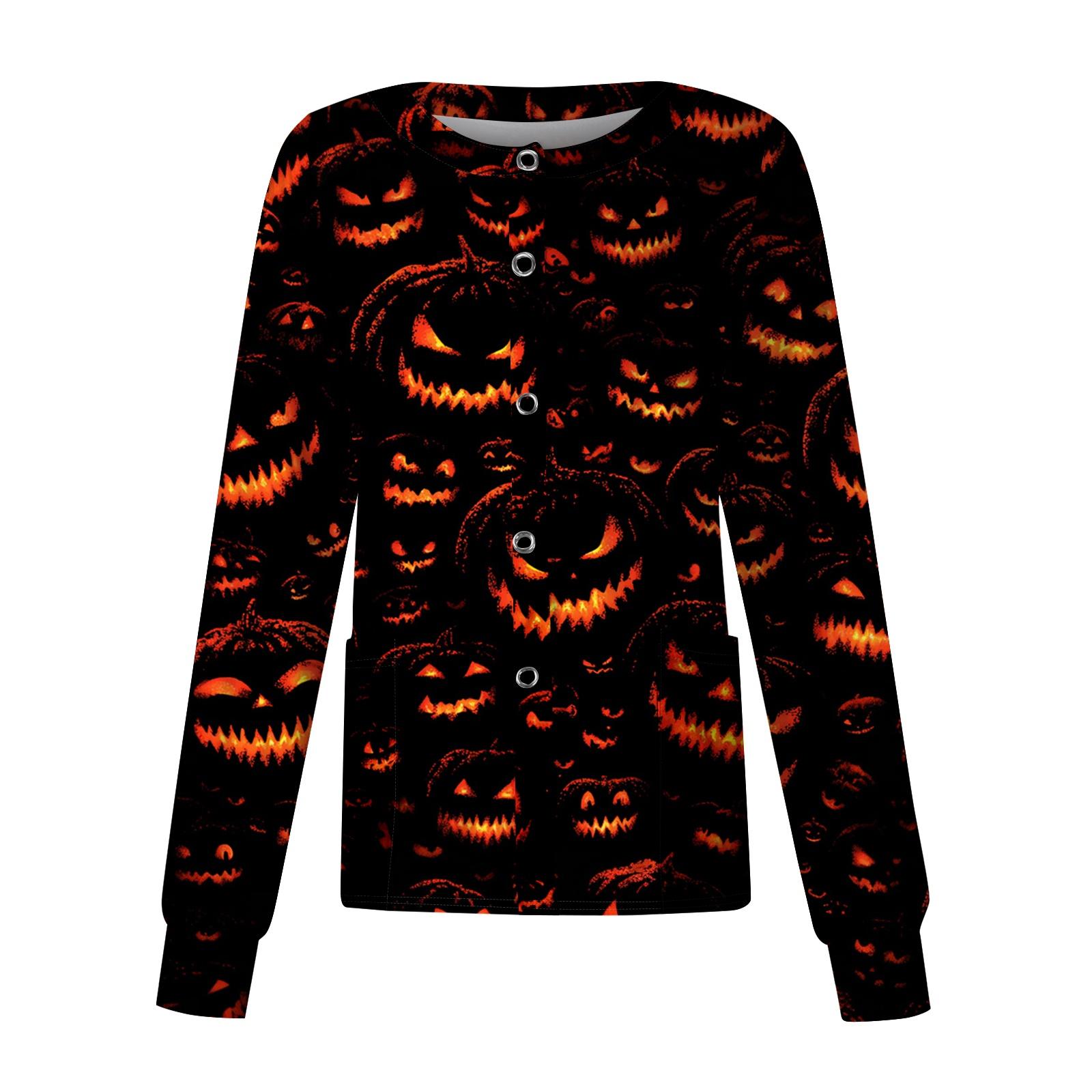 

Women s Casual Long Sleeve Single Button Shirt Halloween Pumpkin Print Nurse Uniform Top Comfortable Fit Lightweight Fabric XL жовтий
