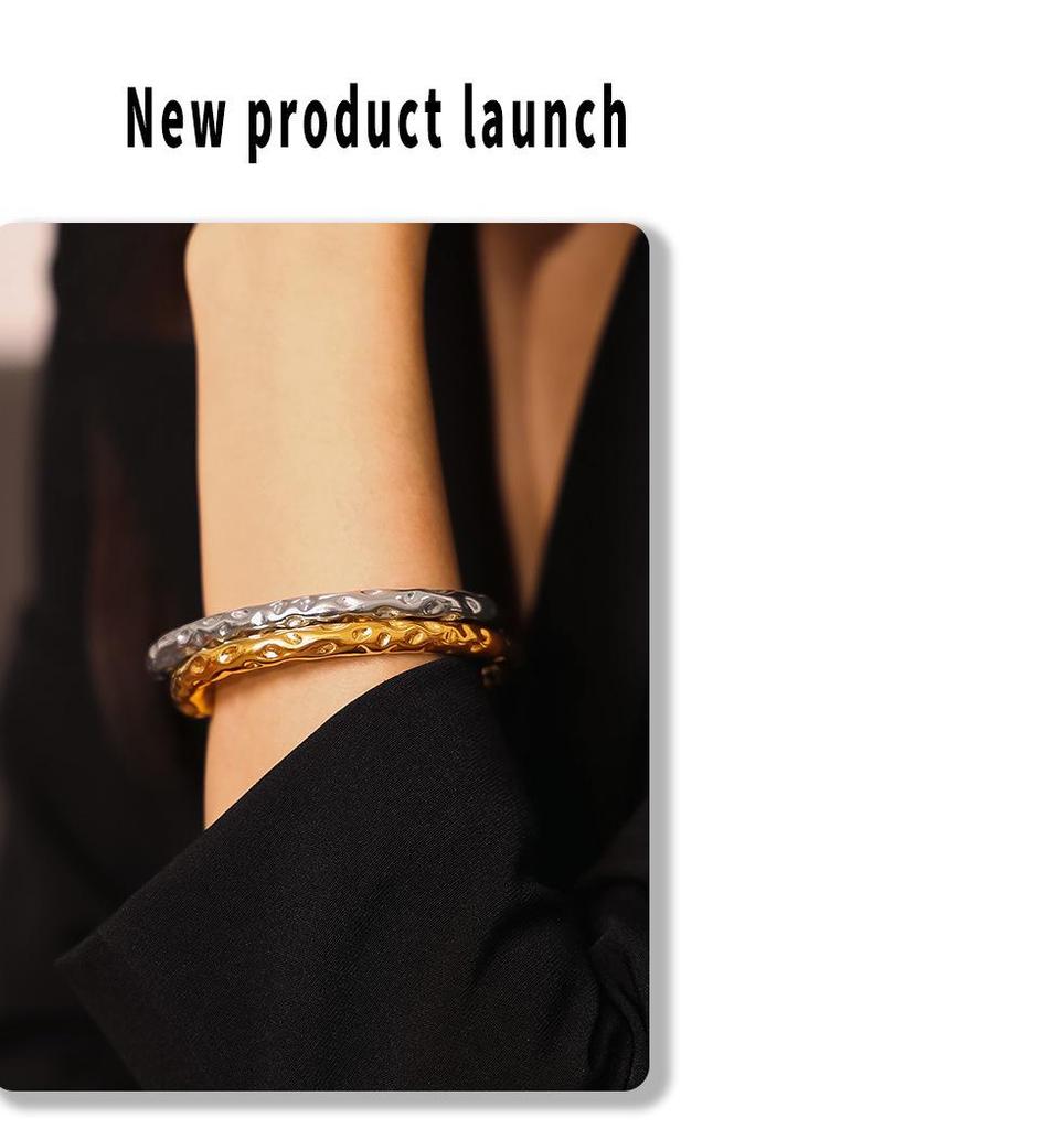 European American INS Style Irregular Hammered Texture Bracelet, 18k Gold-Plated Titanium Steel, Simple Retro Design.