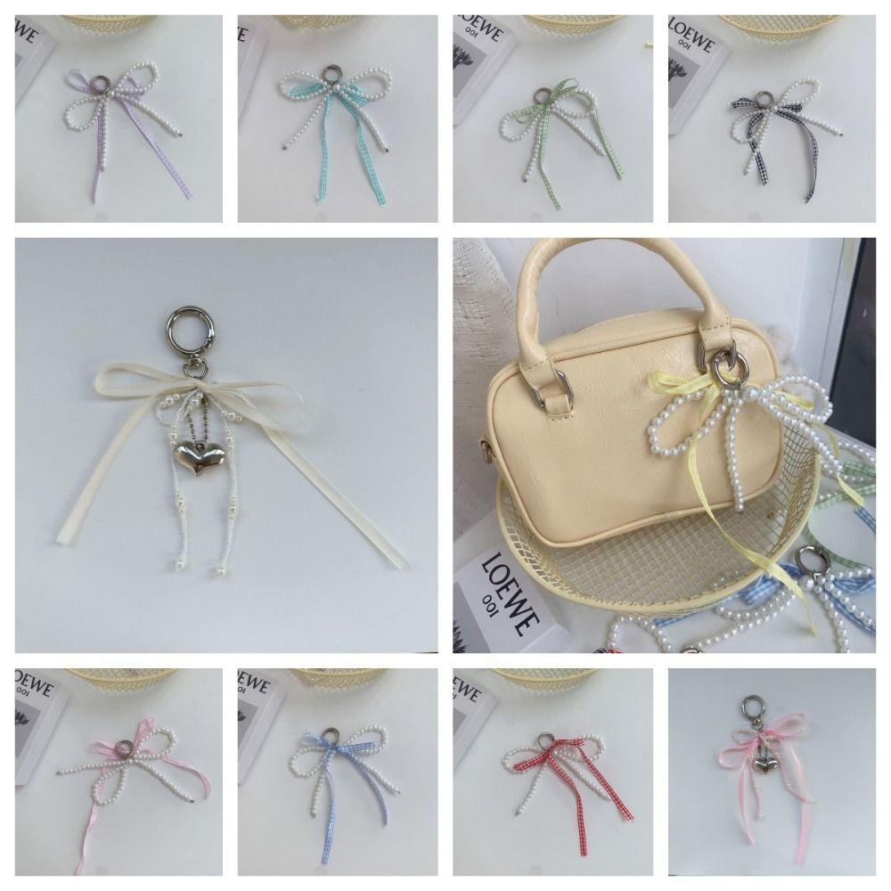 

Plaid Pearl Bow Key Ring Zinc Zinc Alloy Y2k Bag Pendant Ins Fashion Ribbon Beaded Keychain Work green-plaid
