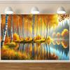 2D Plane Autumn Leaves Birch Trees and Golden Leaf Lake Background Fabric Party Decoration Polyester Fiber