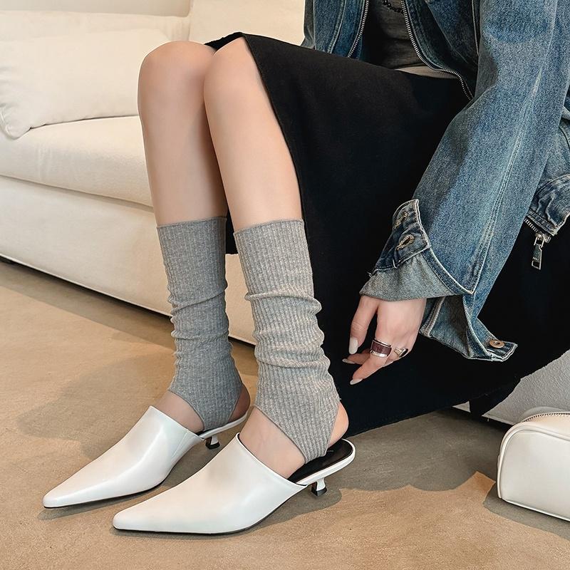 Fashion NEW Summer Women Mules Genuine Leather Shoes for Women Pointed Toe Thin Heel Shoes Cover Toe Slingback Sandals Concise Slippers